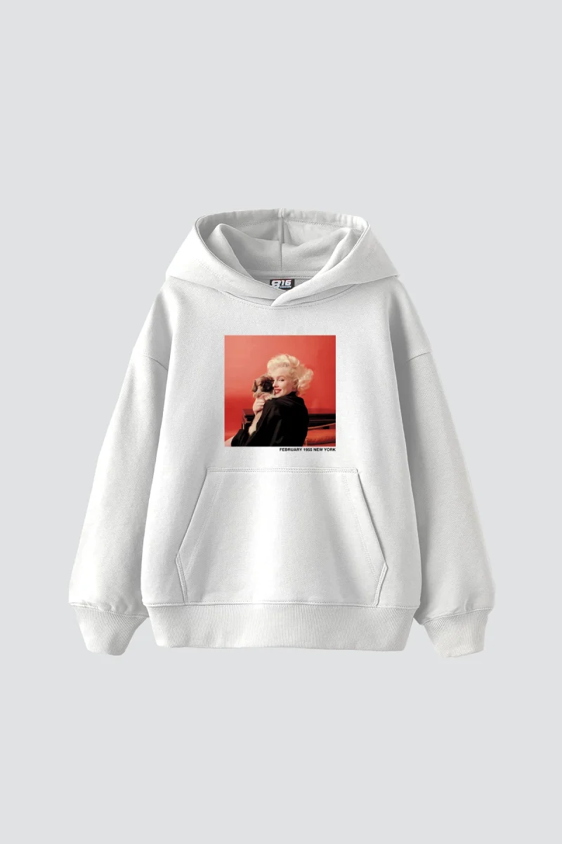 Marilyn Monroe & Dog Baskılı Oversize Unisex Beyaz Hoodie