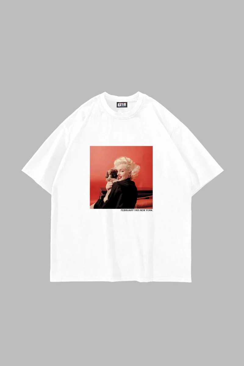Marilyn Monroe & Dog Baskılı Oversize Unisex Beyaz Tshirt