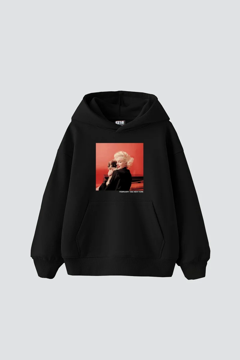 Marilyn Monroe & Dog Baskılı Oversize Unisex Siyah Hoodie