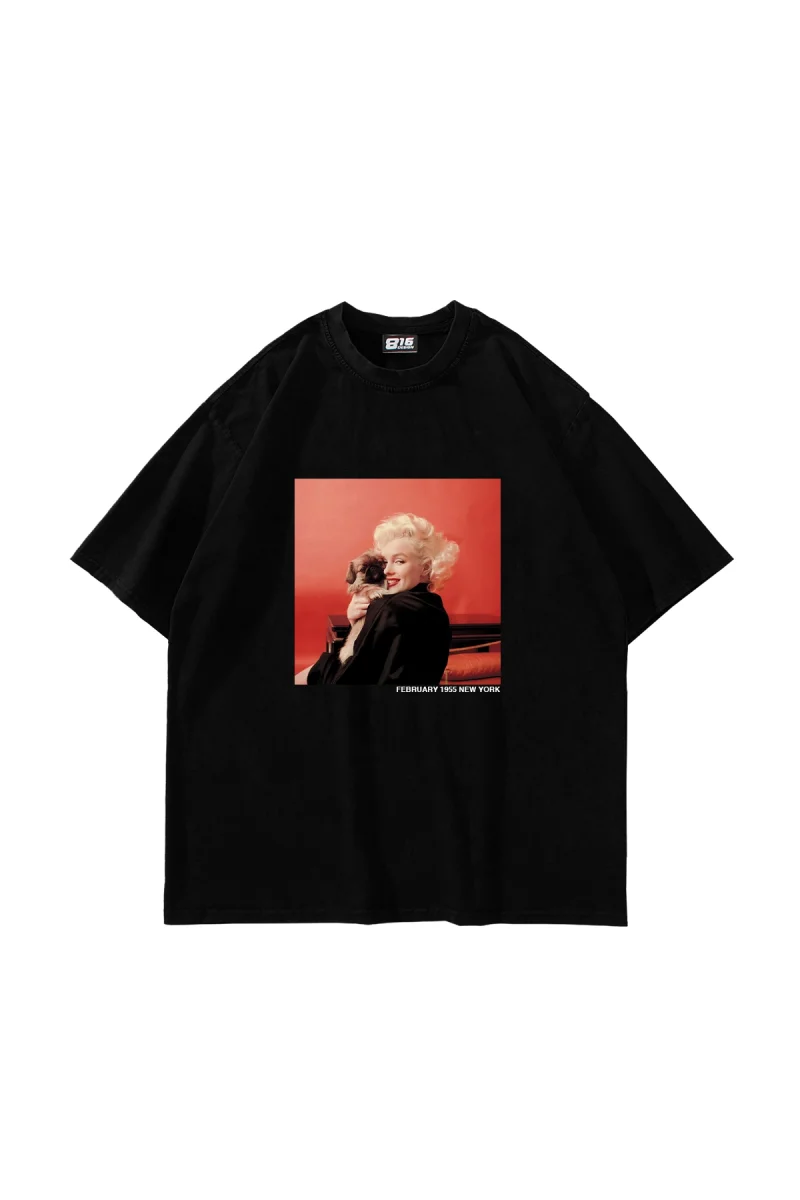 Marilyn Monroe & Dog Baskılı Oversize Unisex Siyah Tshirt