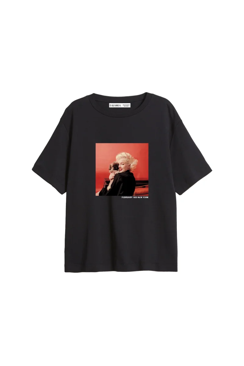Marilyn Monroe & Dog Baskılı Relaxed Fit Siyah Kadın Tshirt