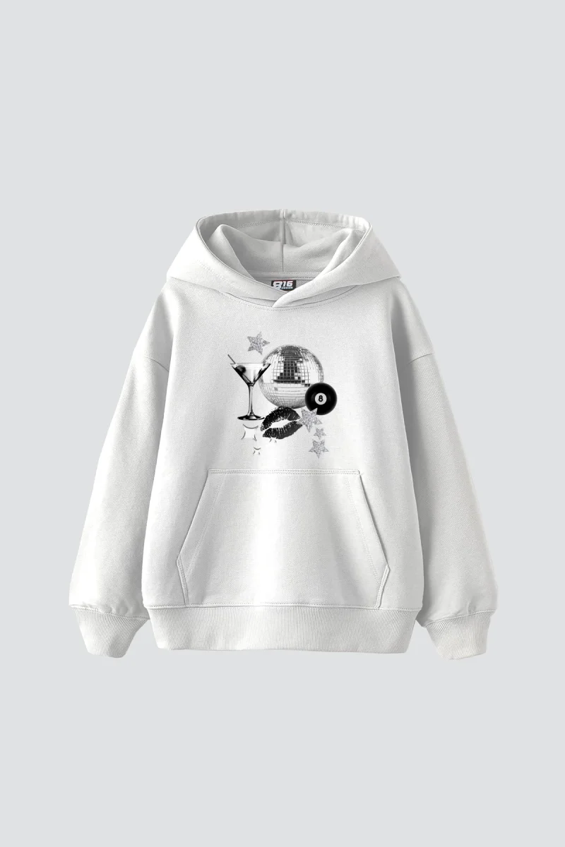Martini Disco Baskılı Oversize Unisex Beyaz Hoodie