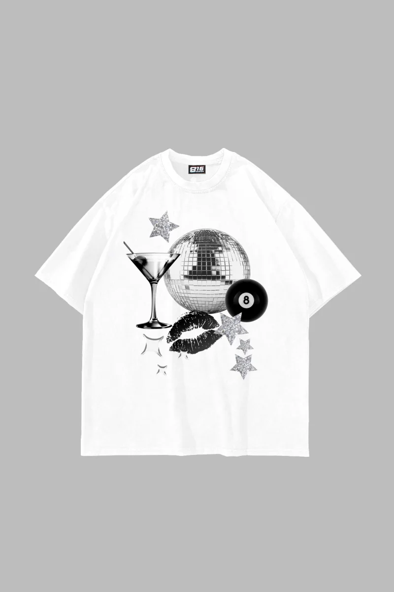Martini Disco Baskılı Oversize Unisex Beyaz Tshirt