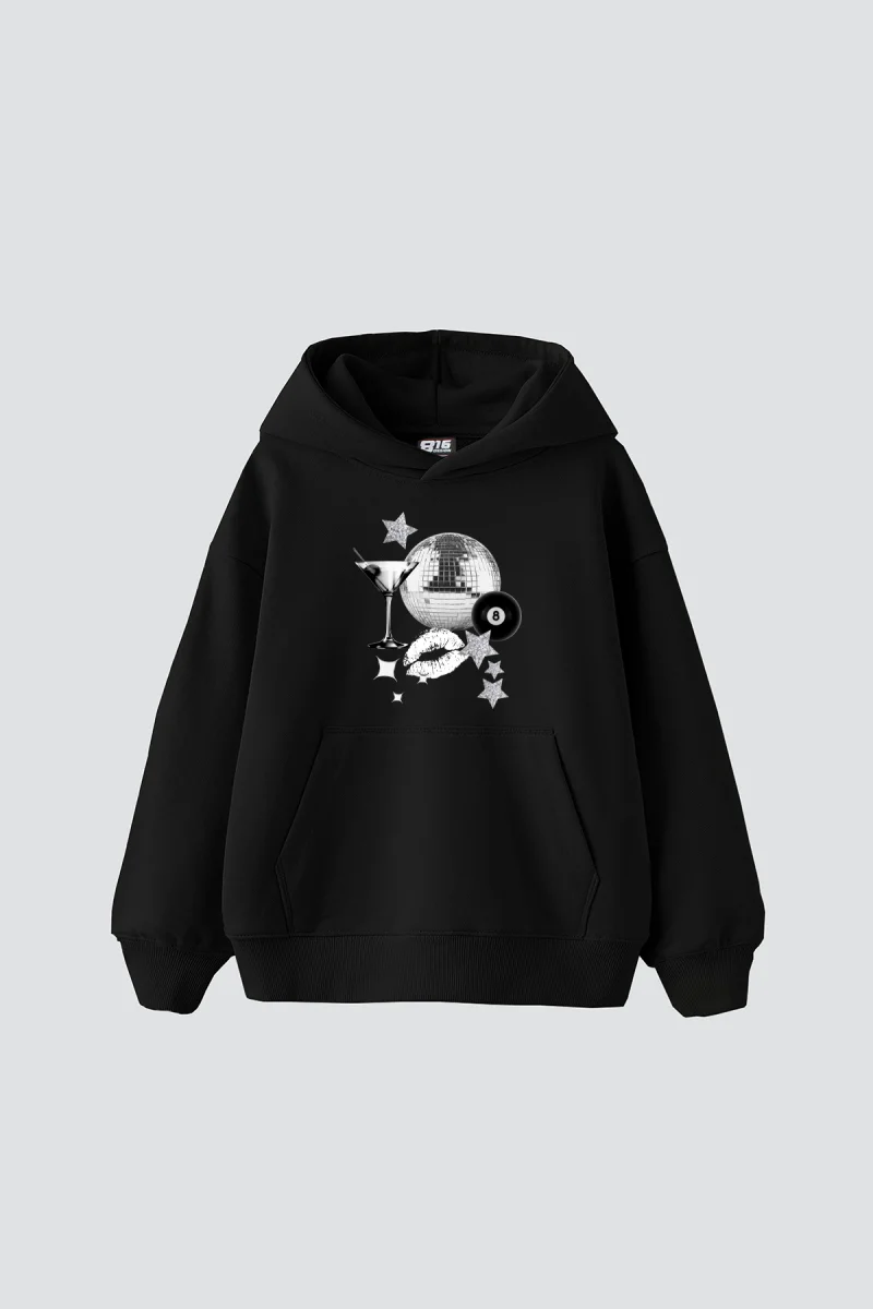 Martini Disco Baskılı Oversize Unisex Siyah Hoodie