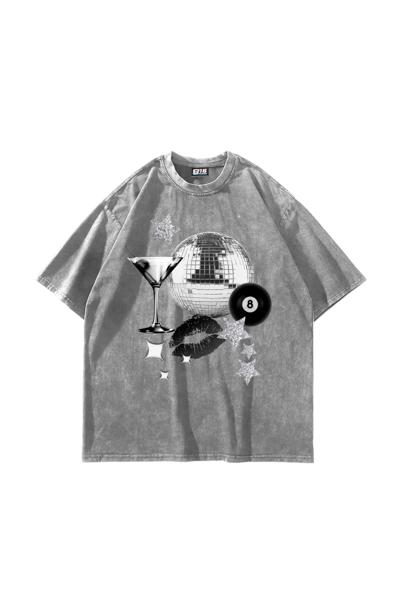 Martini Disco Baskılı Oversize Unisex Yıkamalı Beyaz Tshirt