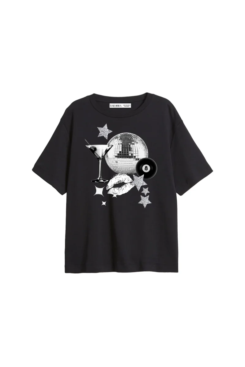Martini Disco Baskılı Relaxed Fit Siyah Kadın Tshirt