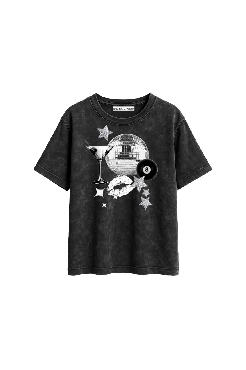 Martini Disco Baskılı Relaxed Fit Yıkamalı Siyah Kadın Tshirt