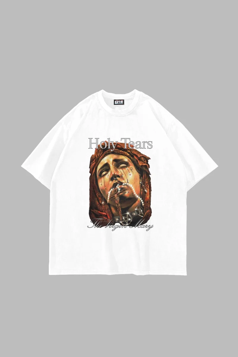 Marys Holy Tears Baskılı Oversize Unisex Beyaz Tshirt