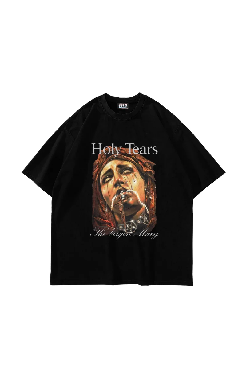 Marys Holy Tears Baskılı Oversize Unisex Siyah Tshirt