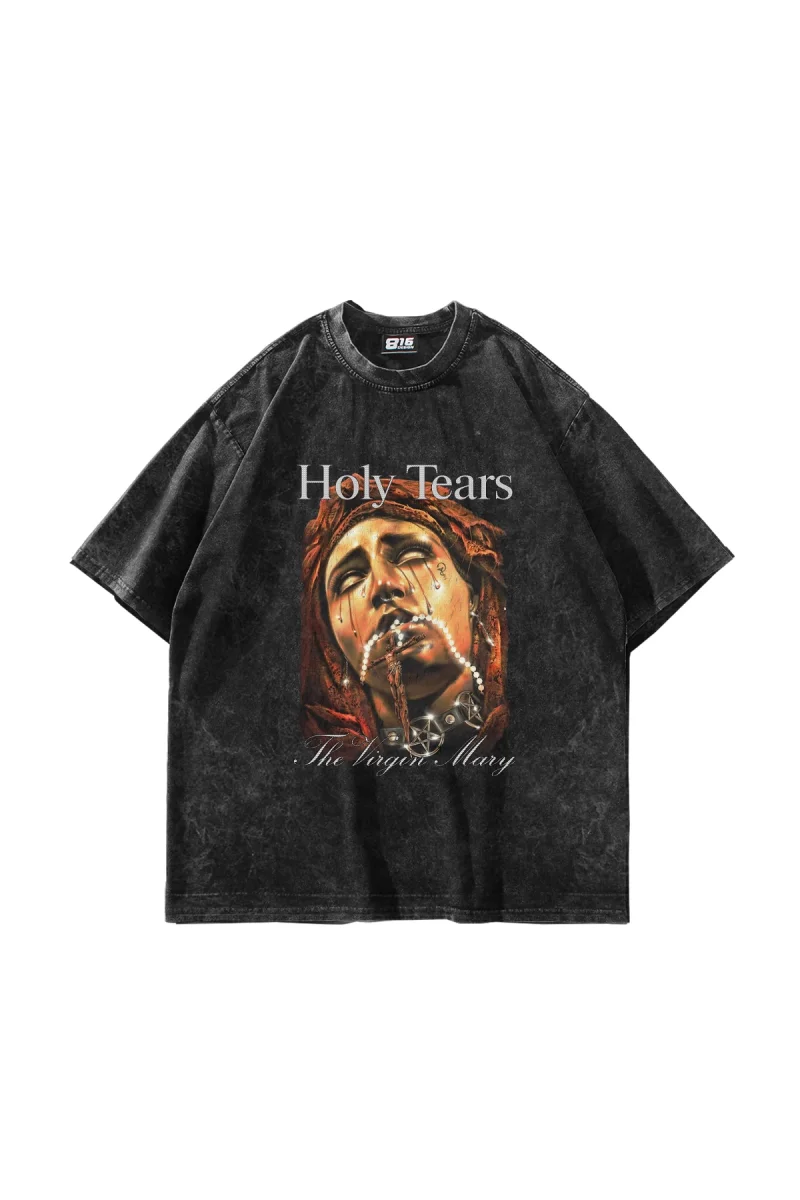 Marys Holy Tears Baskılı Oversize Unisex Yıkamalı Siyah Tshirt