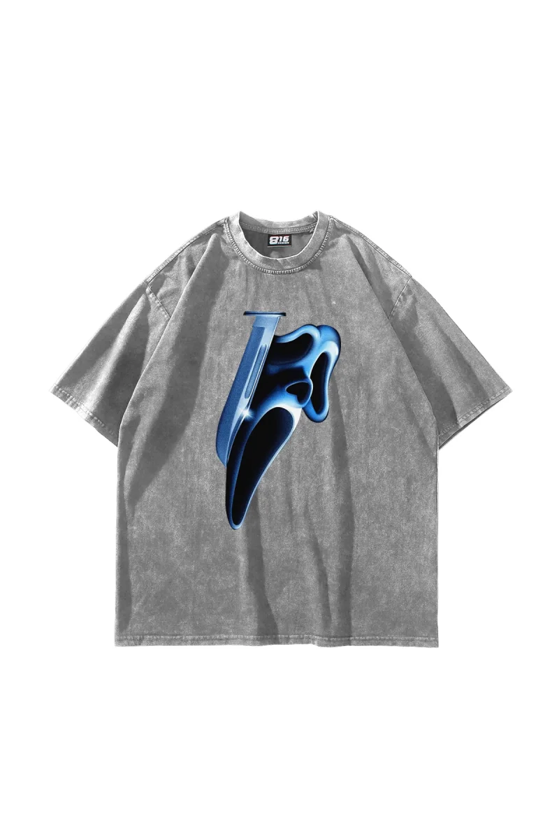 Mask Baskılı Yıkamalı Beyaz Unisex Oversize Tshirt