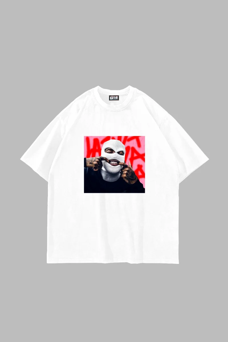 Masked Man Baskılı Oversize Unisex Beyaz Tshirt