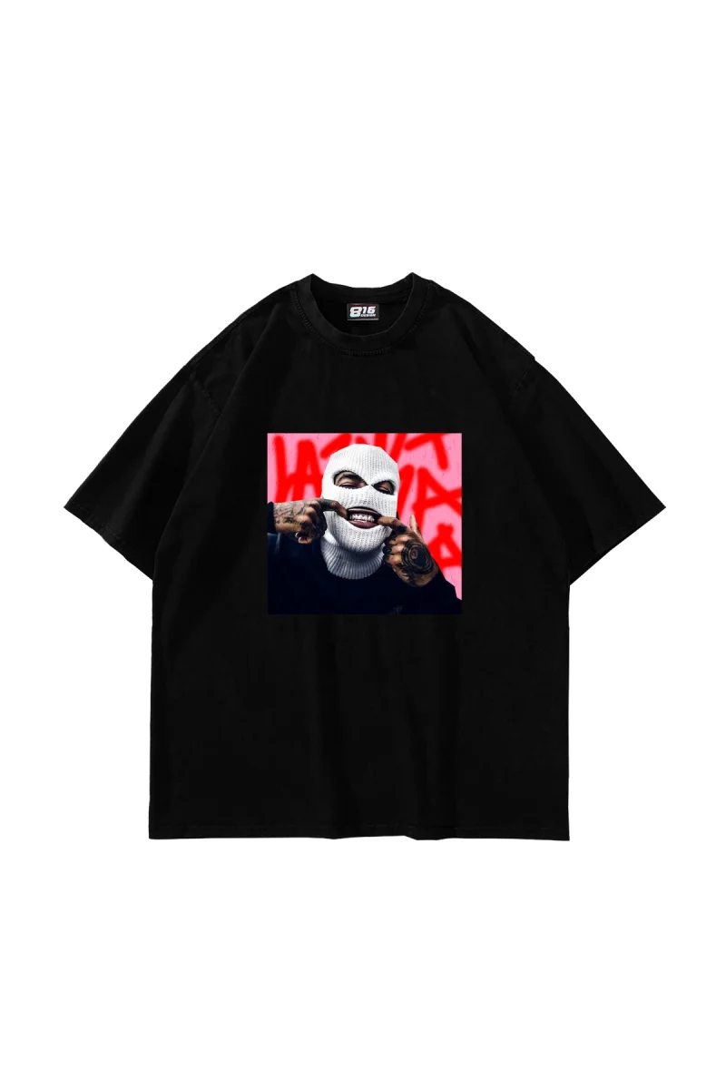 Masked Man Baskılı Oversize Unisex Siyah Tshirt