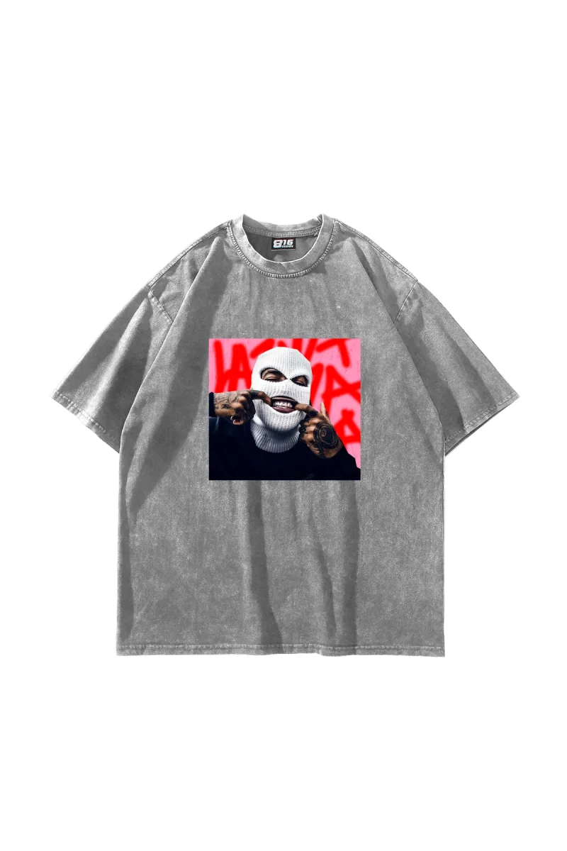 Masked Man Baskılı Oversize Unisex Yıkamalı Beyaz Tshirt