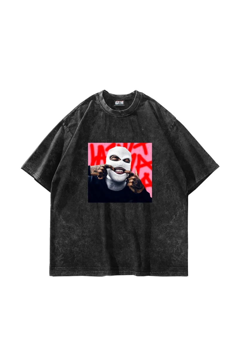 Masked Man Baskılı Oversize Unisex Yıkamalı Siyah Tshirt