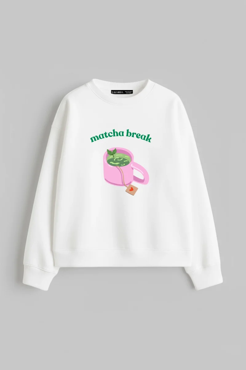 Matcha Break Baskılı Kapüşonsuz Relaxed Fit Kadın Beyaz Sweatshirt