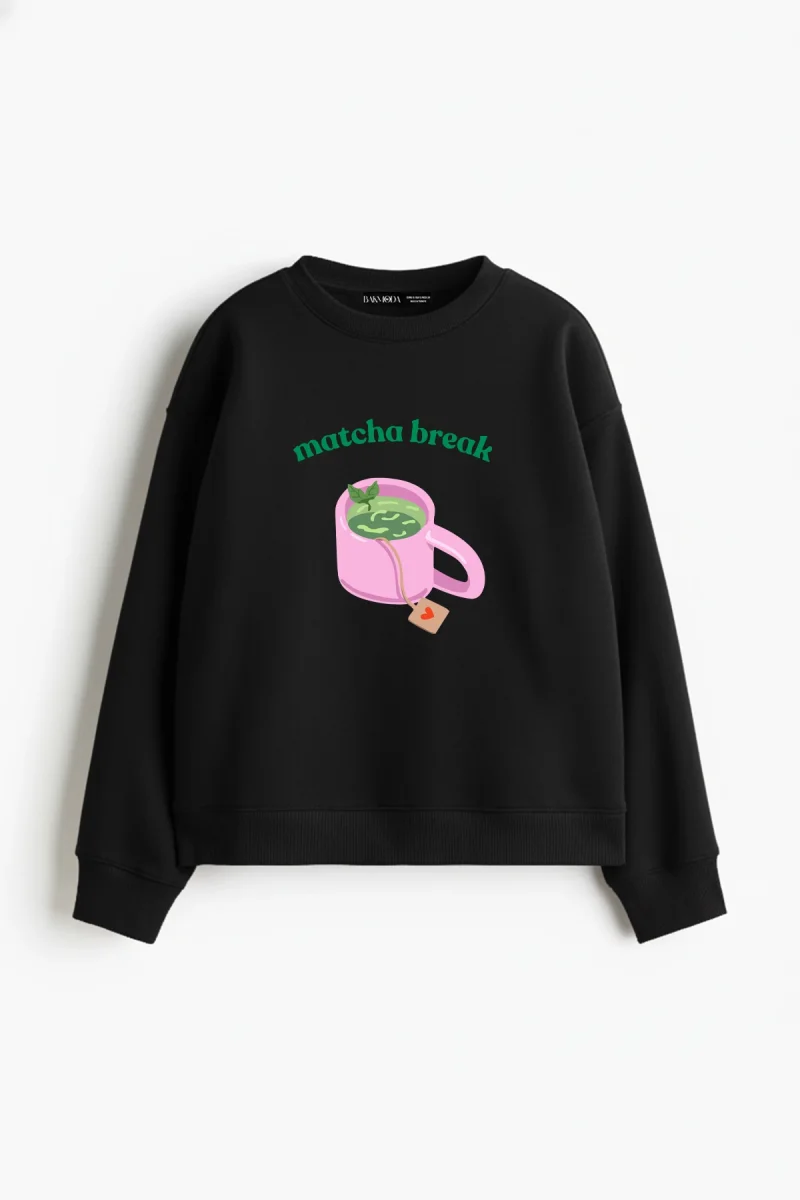 Matcha Break Baskılı Kapüşonsuz Relaxed Fit Kadın Siyah Sweatshirt
