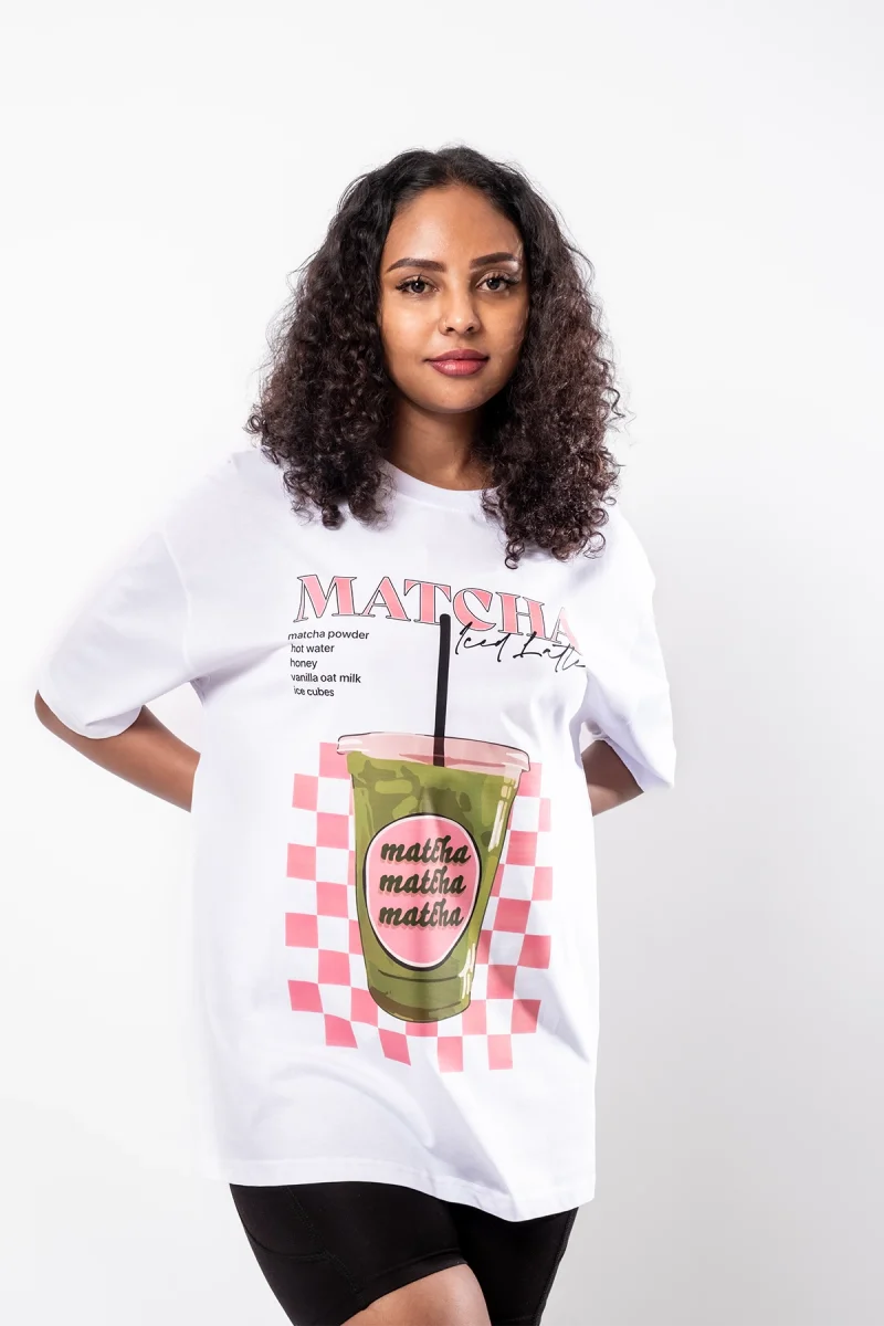 Matcha Iced Latte Baskılı Oversize Unisex Beyaz Tshirt