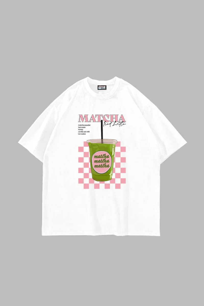 Matcha Iced Latte Baskılı Oversize Unisex Beyaz Tshirt