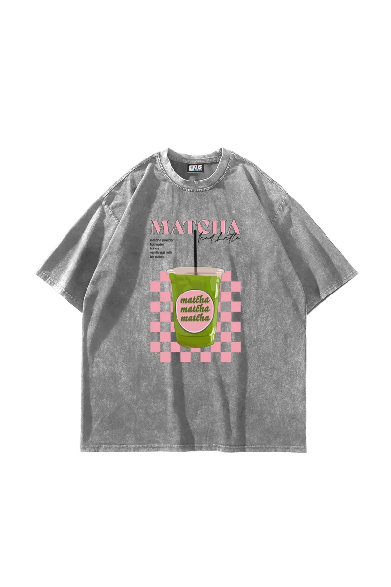Matcha Iced Latte Baskılı Oversize Unisex Yıkamalı Beyaz Tshirt
