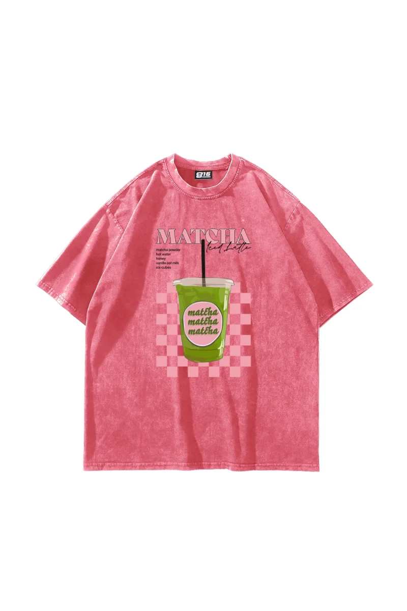 Matcha Iced Latte Baskılı Oversize Unisex Yıkamalı Pembe Tshirt