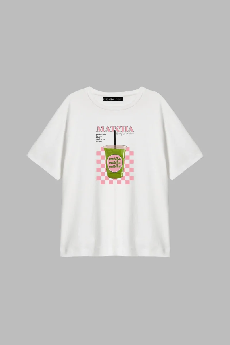 Matcha Iced Latte Baskılı Relaxed Fit Beyaz Kadın Tshirt