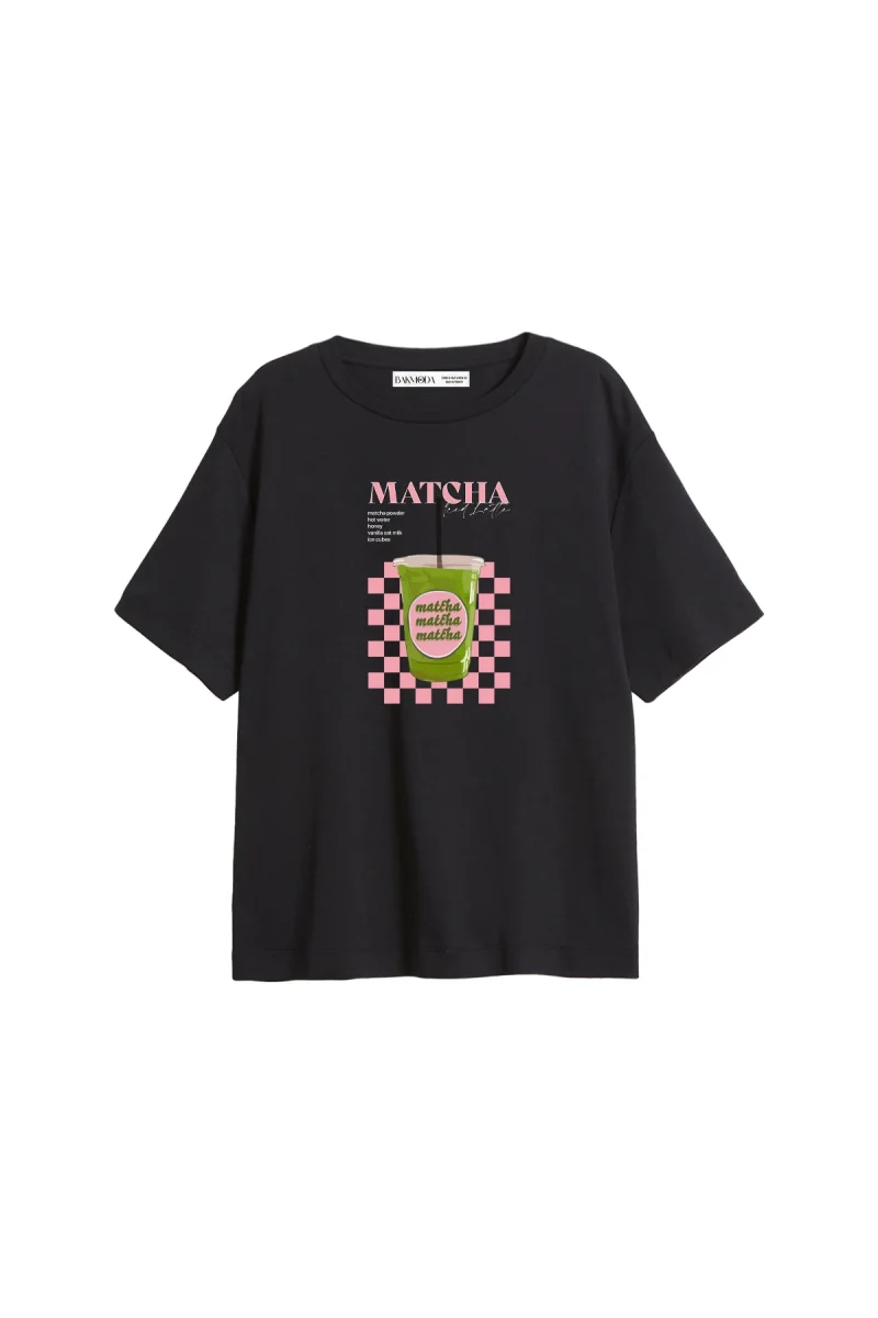 Matcha Iced Latte Baskılı Relaxed Fit Siyah Kadın Tshirt