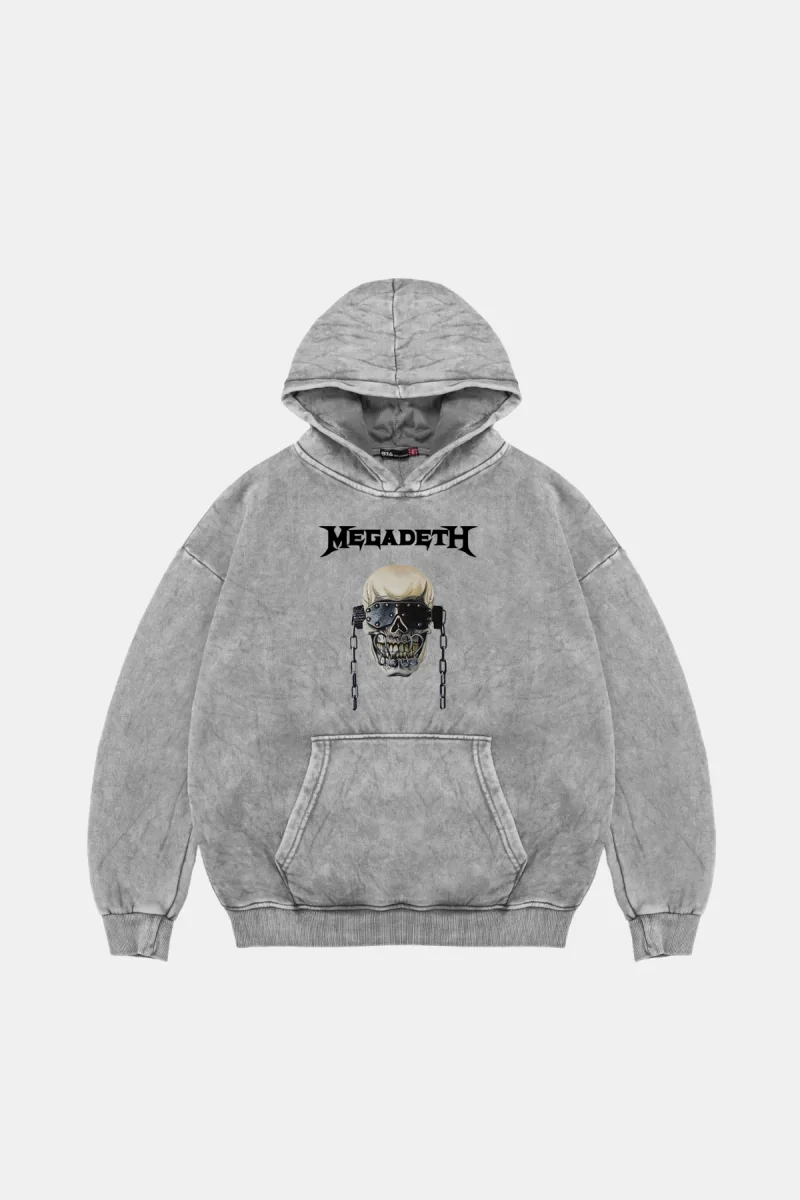 Megadeth Baskılı Oversize Unisex Yıkamalı Beyaz Hoodie