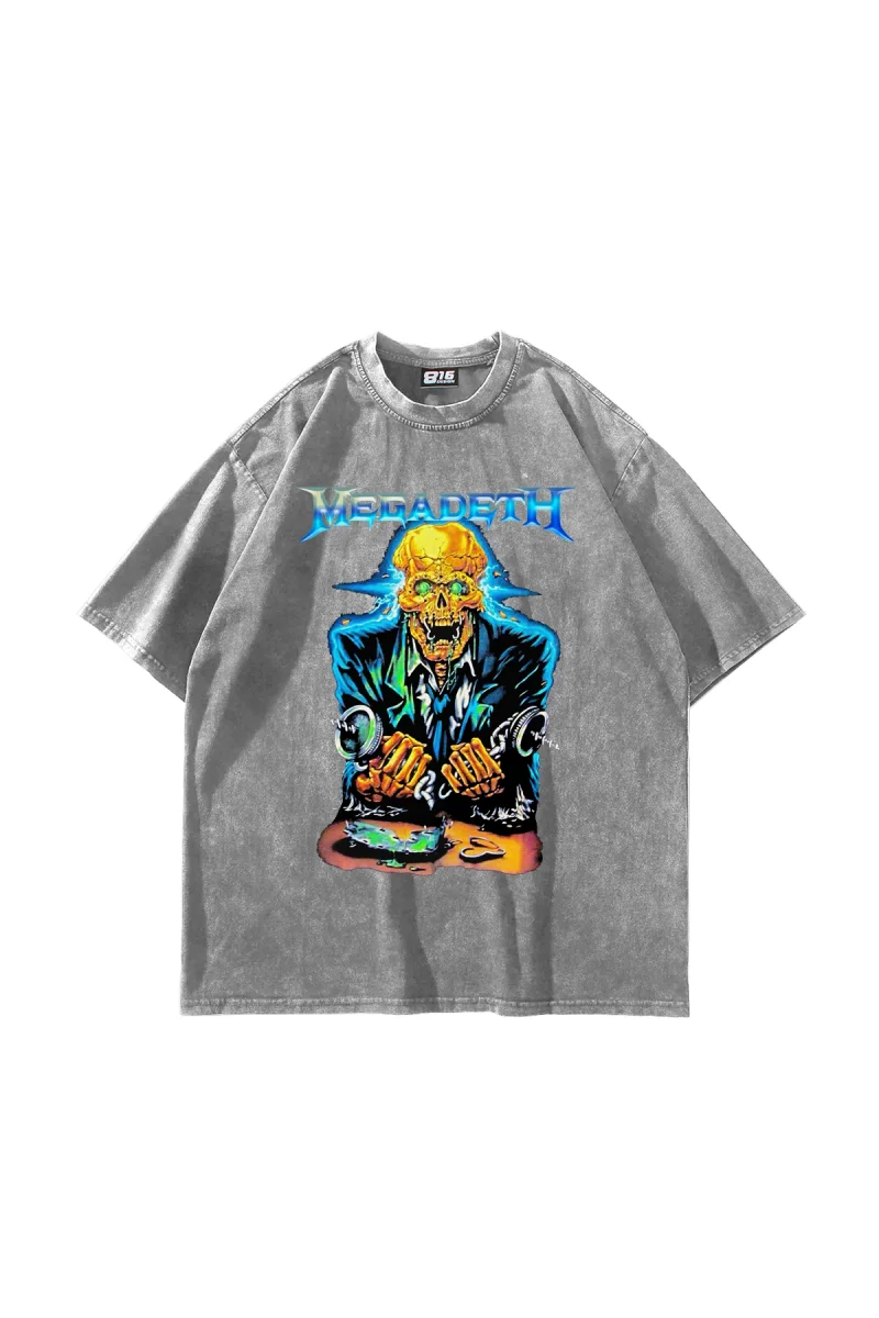 Megadeth Electric Baskılı Yıkamalı Beyaz Oversize Tshirt