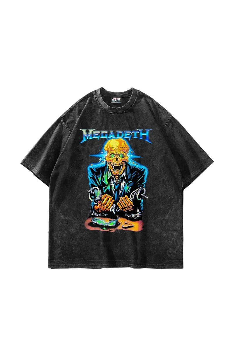 Megadeth Electric Baskılı Yıkamalı Siyah Oversize Tshirt