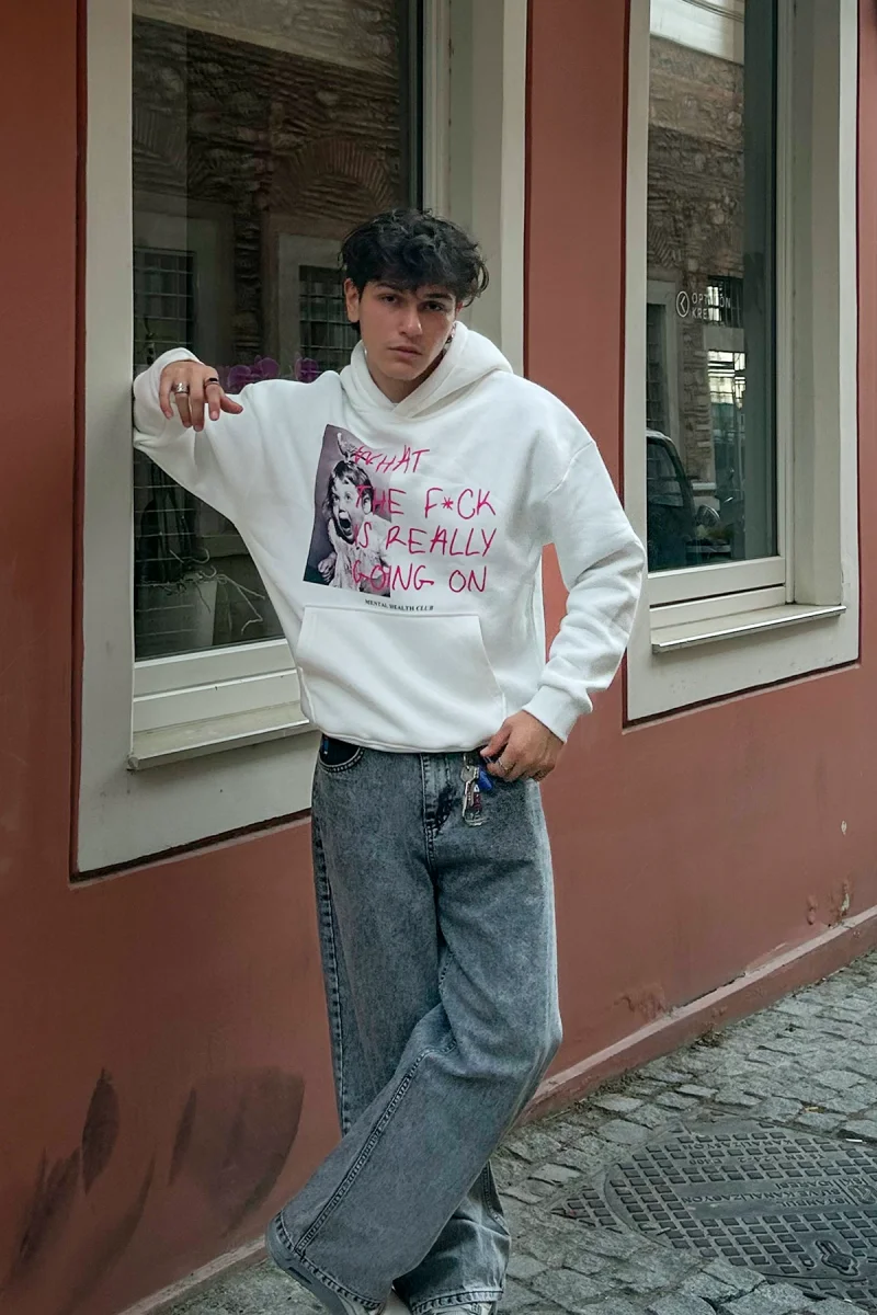 What The F*ck Baskılı Oversize Unisex Beyaz Hoodie