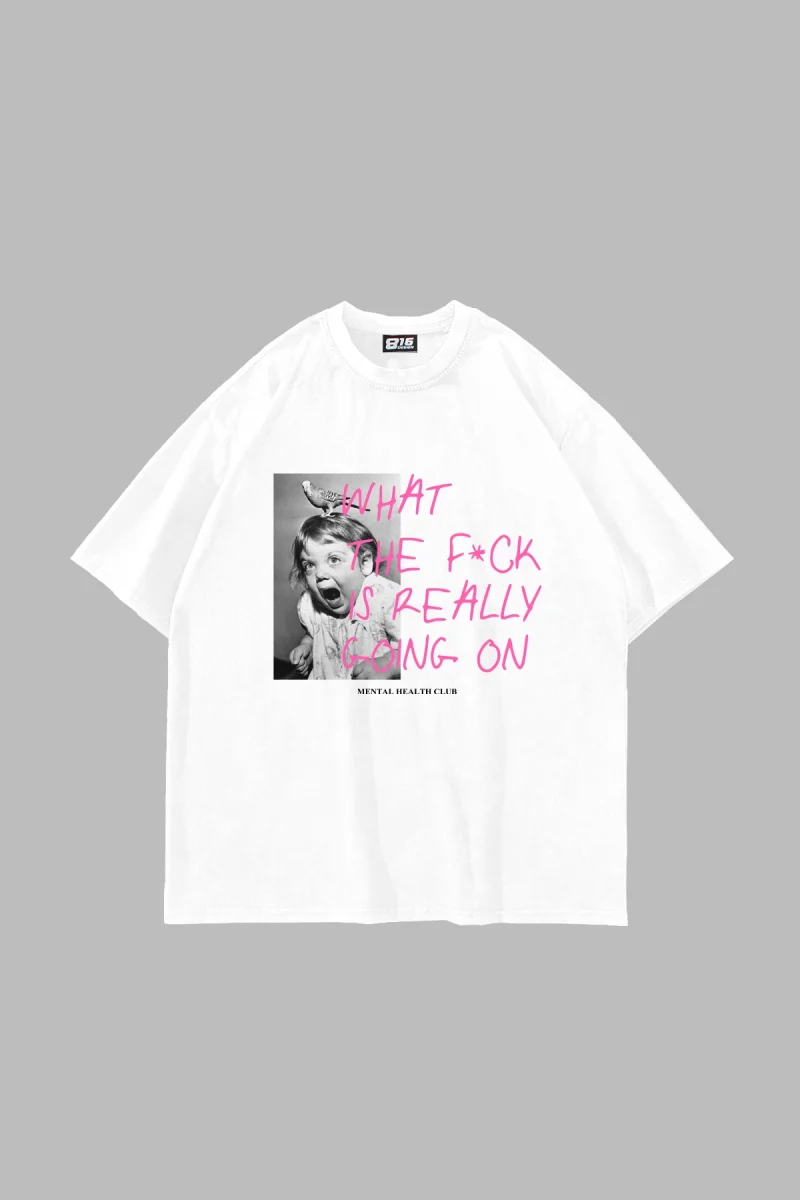 What The F*ck Baskılı Oversize Unisex Beyaz Tshirt