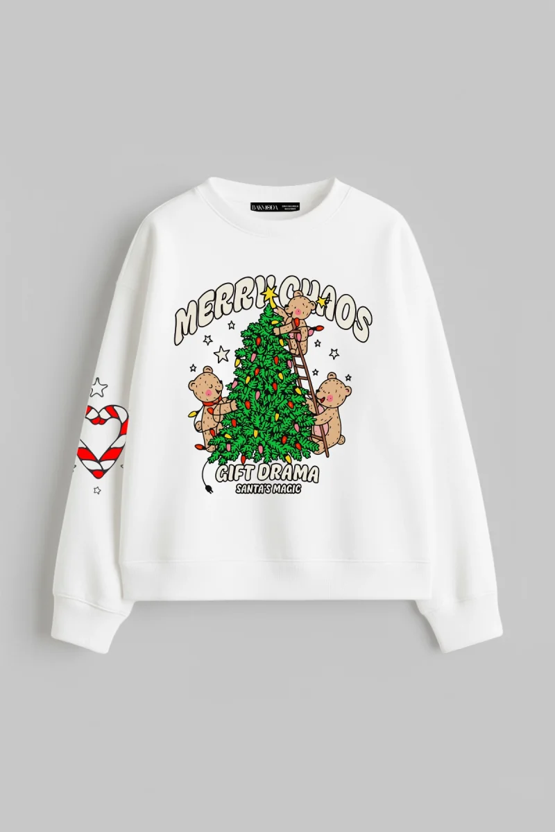 Merry Chaos Baskılı Kapüşonsuz Relaxed Fit Kadın Beyaz Sweatshirt