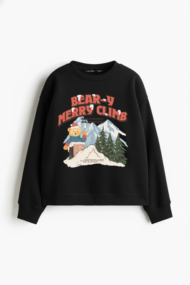 Merry Climb Baskılı Kapüşonsuz Relaxed Fit Kadın Siyah Sweatshirt