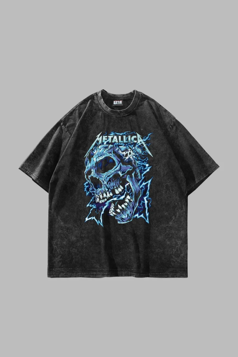 Metallica Blue Skull Baskılı Oversize 24/1 Premium Yıkamalı Siyah Tshirt