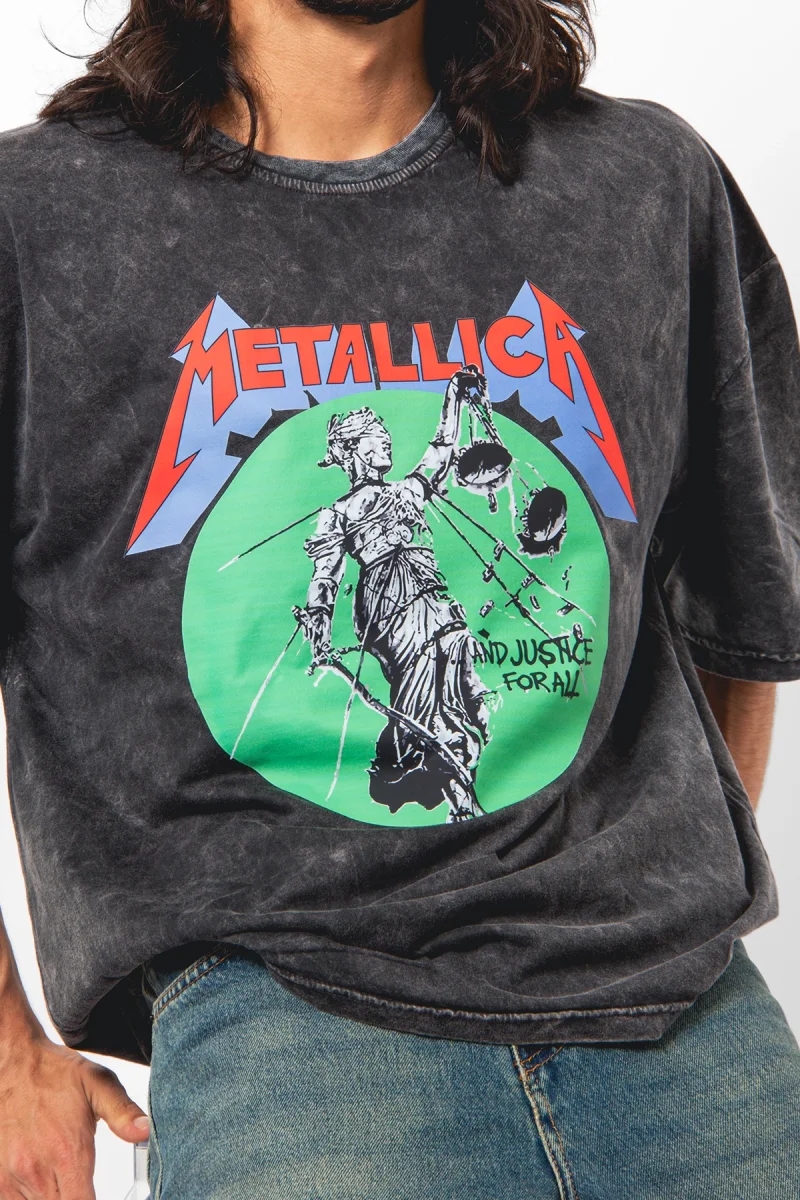 Metallica Justice For All Baskılı Oversize 24/1 Premium Yıkamalı Siyah Tshirt