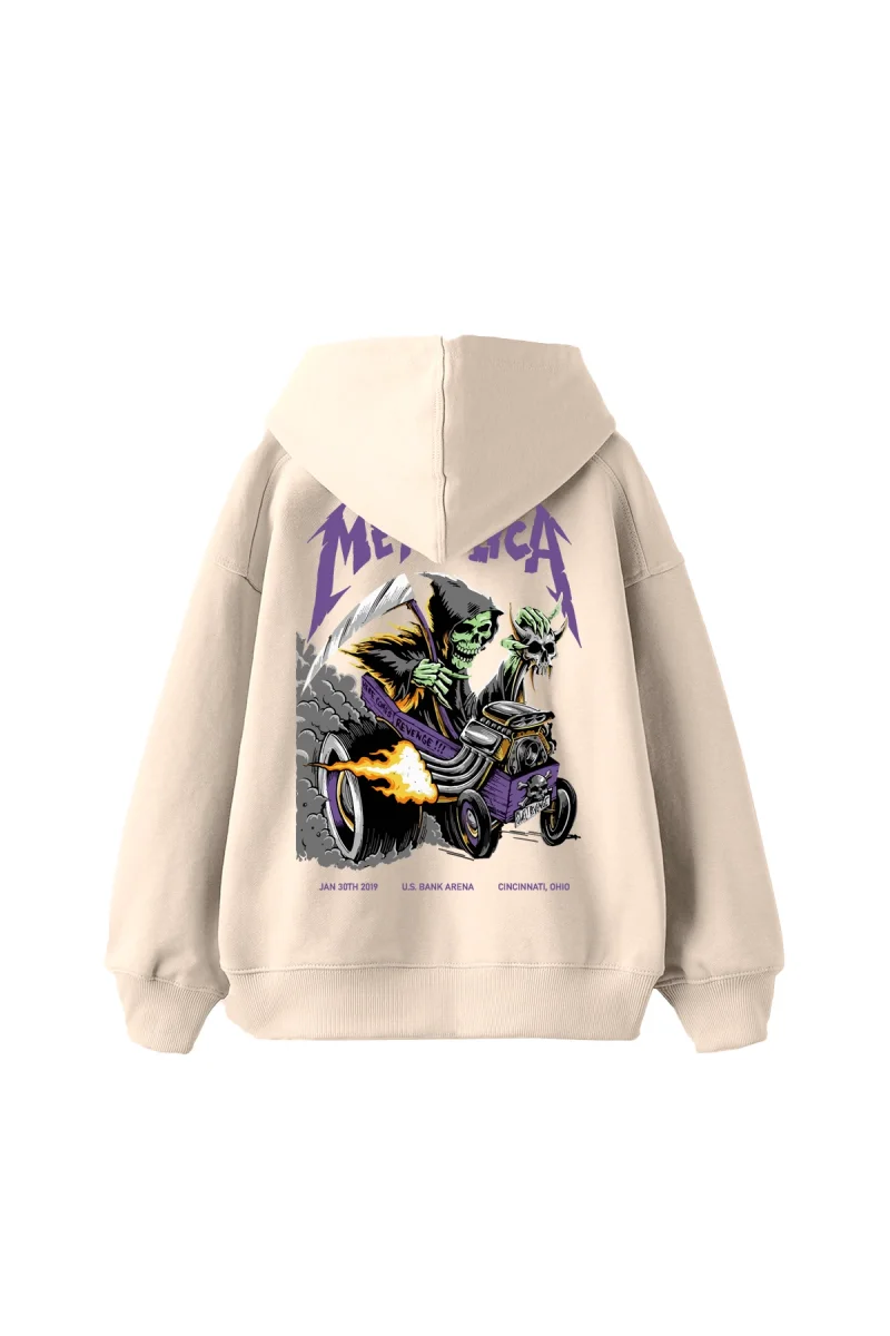 Metallica Mor Sırt Baskılı Bej Oversize Kapüşonlu Hoodie