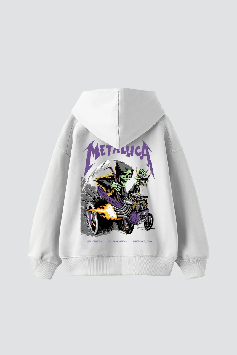 Metallica Mor Sırt Baskılı Beyaz Oversize Kapüşonlu Hoodie