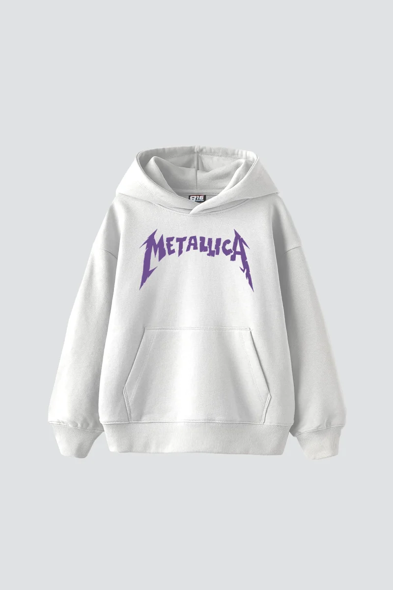 Metallica Mor Sırt Baskılı Beyaz Oversize Kapüşonlu Hoodie
