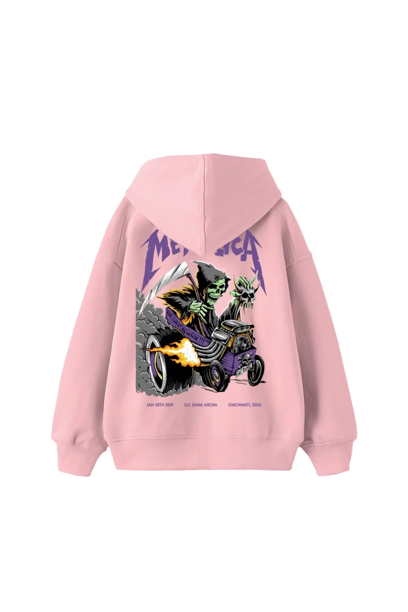 Metallica Mor Sırt Baskılı Pembe Oversize Kapüşonlu Hoodie