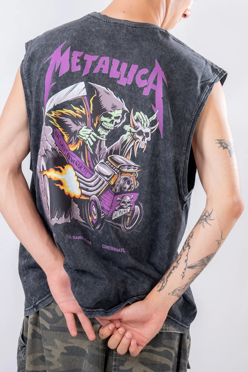 Metallica Mor Sırt Baskılı Yıkamalı Siyah Sıfır Kol Tişört