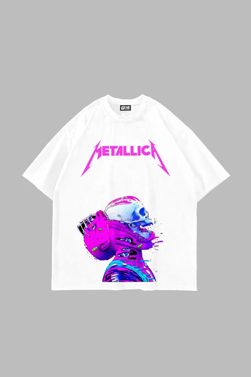 Metallica Neon Pembe Baskılı Beyaz Unisex Oversize Tshirt