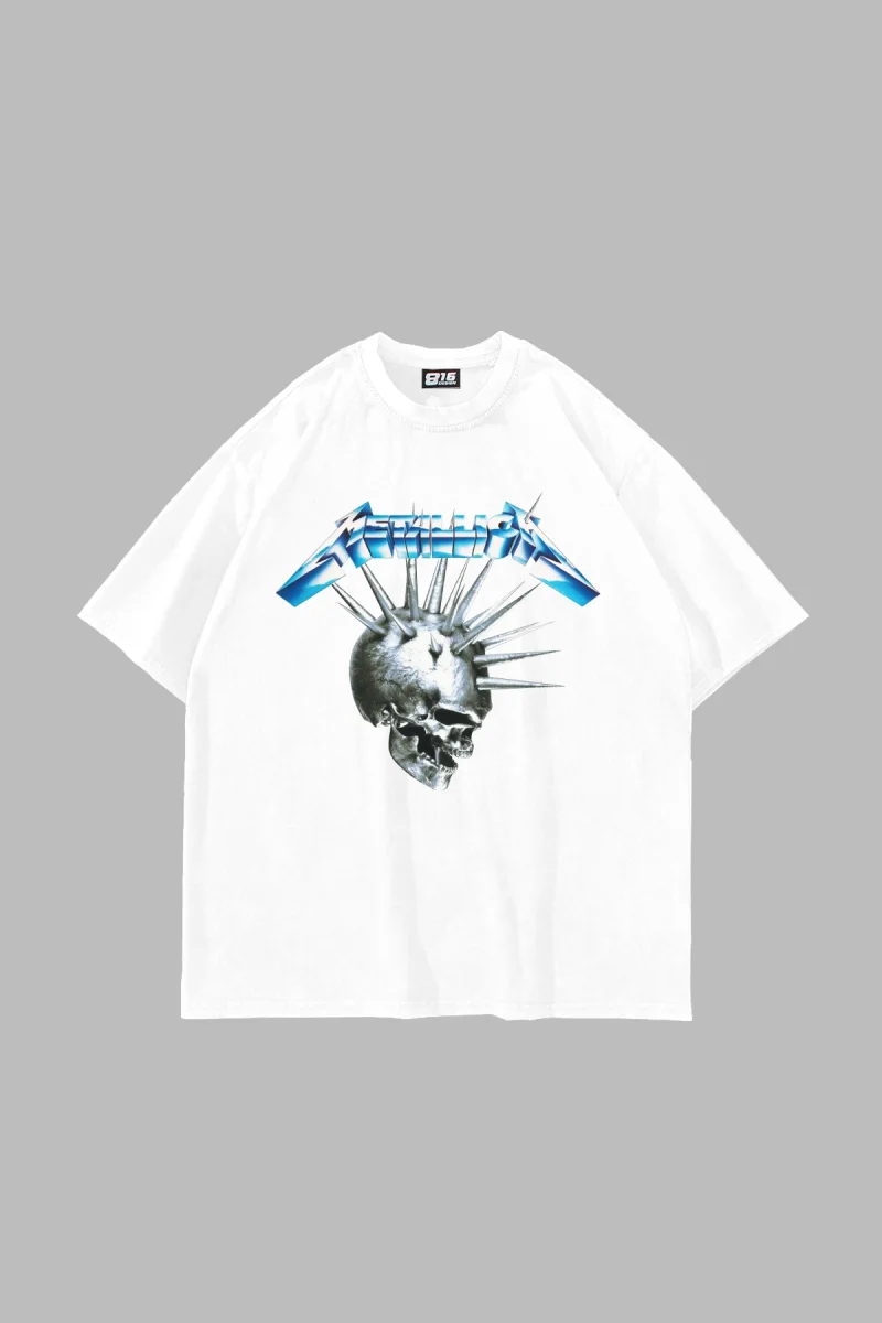 Metallica Premium Blue Skull Baskılı Oversize Unisex Beyaz Tshirt