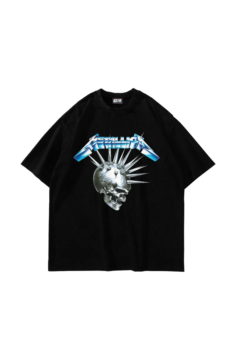 Metallica Premium Blue Skull Baskılı Oversize Unisex Siyah Tshirt