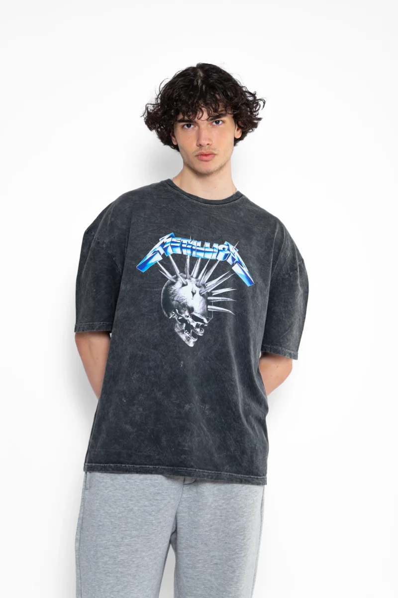Metallica Premium Blue Skull Baskılı Oversize Unisex Yıkamalı Siyah Tshirt