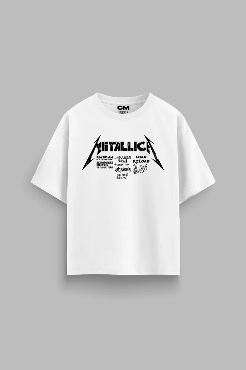 Metallica Load Reload Baskılı Rahat Kalıp 30/1 Unisex Beyaz Tshirt