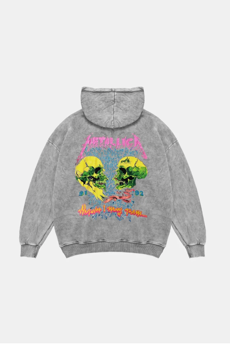 Metallica Skulls Baskılı Oversize Unisex Premium1 Yıkamalı Beyaz Hoodie