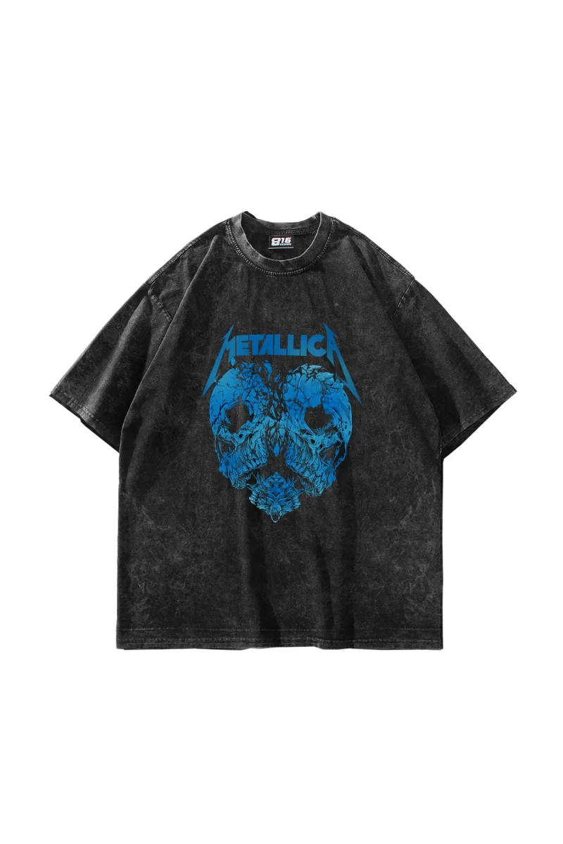Metallica Skull head Baskılı Oversize Unisex Yıkamalı Siyah Tshirt