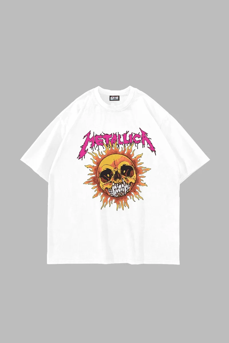Metallica Sun Baskılı Oversize Unisex Beyaz Tshirt