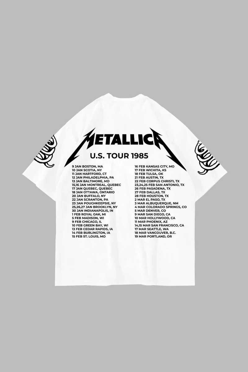 Metallica Tour 1985 Baskılı Oversize Unisex Beyaz Tshirt
